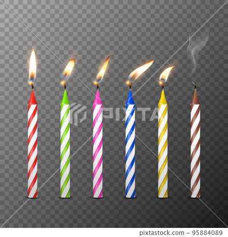 Vector 3d Realistic Paraffin or Wax Burning Birthday Party Candle and Different Flame of a Candle Icon Set Isolated. Design Template, Clipart, Birthday Concept Vector 3d Realistic Paraffin or Wax Burning Birthday Party Candle and Different Flame of a Candle Icon Set Isolated. Design Template, Clipart, Birthday Concept 95884089