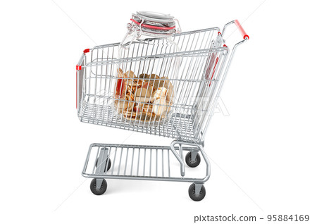 Shopping cart with glass jar full of golden coins, 3D rendering 95884169