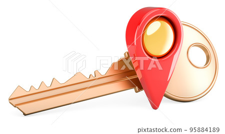 Key with map pointer, 3D rendering Key with map pointer, 3D rendering 95884189