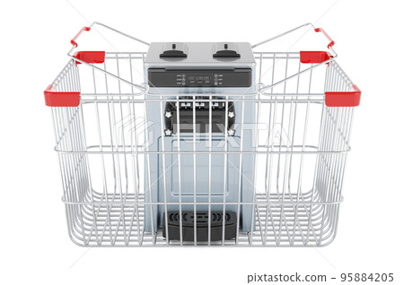 Shopping basket with commercial ice cream machine, 3D rendering Shopping basket with commercial ice cream machine, 3D rendering 95884205