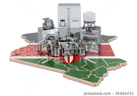 Kitchen and household appliance on the map of Kenya. Production, shopping and delivery concept. 3D rendering 95884232