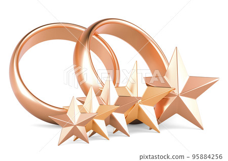 Wedding rings with five golden stars. 3D rendering Wedding rings with five golden stars. 3D rendering 95884256