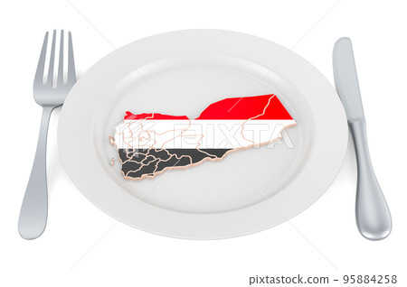 Yemeni cuisine concept. Plate with map of Yemen. 3D rendering Yemeni cuisine concept. Plate with map of Yemen. 3D rendering 95884258