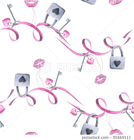 Ribbons with hanging locks, keys and kisses on a white background. Watercolor illustration. Seamless pattern from the VALENTINE'S DAY collection. For fabric, textiles, packaging paper, prints 95884511