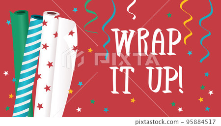 Promotion banner for advertising with wrapping christmas paper, ribbons, stars and lettering wrap it up. Red christmas and new year background. Vector illustration 95884517