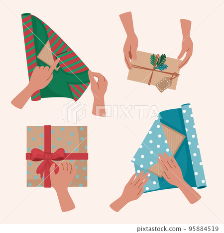 Set of gift wrapping process elements for christmas, holidays, birthday. Vector illustration 95884519