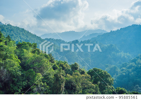 Sunset in the mountains. Dramatic colorful sky with blue hills 95885561