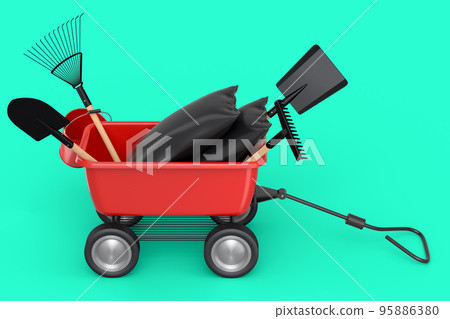 Garden wheelbarrow with garden tool like shovel, watering can and fork on green Garden wheelbarrow with garden tool like shovel, watering can and fork on green 95886380