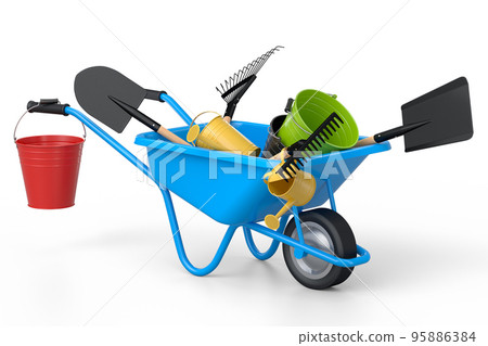Garden wheelbarrow with garden tools like shovel, watering can and fork on white 95886384