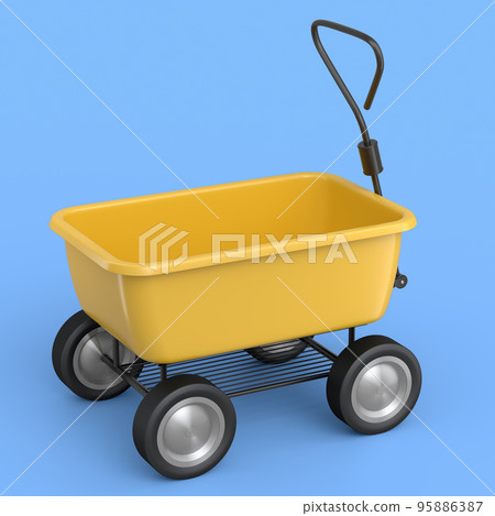 Garden wheelbarrow isolated on blue background. Handcart with wheel. Garden wheelbarrow isolated on blue background. Handcart with wheel. 95886387