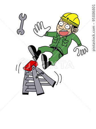 a man loses his balance and falls off a ladder Stock Photo