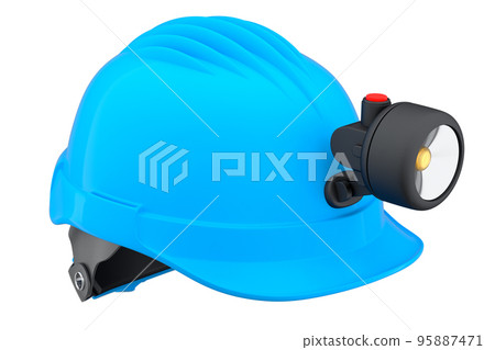 Blue safety helmet or hard cap with flashlight isolated on wihte background 95887471