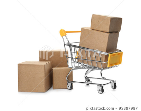 Shopping cart and boxes isolated on white. Logistics and wholesale concept 95887987