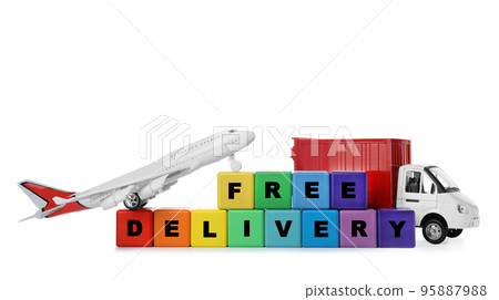 Different logistics transport and cubes with words FREE DELIVERY isolated on white. Logistics and wholesale concept Different logistics transport and cubes with words FREE DELIVERY isolated on white. Logistics and wholesale concept 95887988