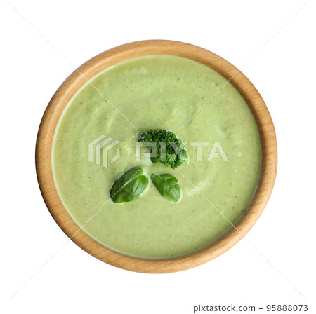 Delicious broccoli cream soup isolated on white, top view 95888073