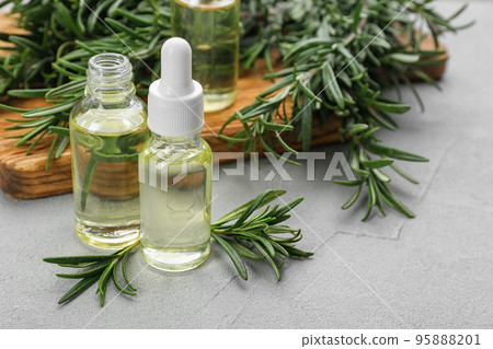 Fresh rosemary and bottles of essential oil on light grey table. Space for text Fresh rosemary and bottles of essential oil on light grey table. Space for text 95888201