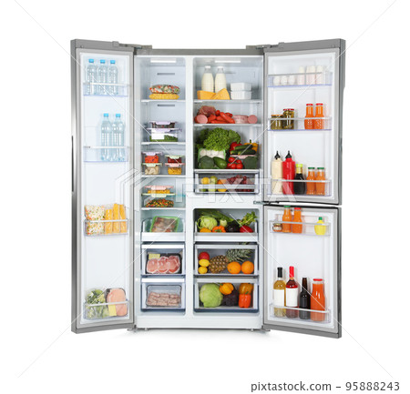 Open refrigerator full of products isolated on white 95888243