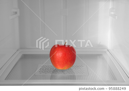 Red apple on shelf inside modern refrigerator 95888249
