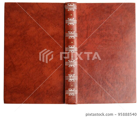 Open old book with vintage brown cover isolated on white, top view 95888540