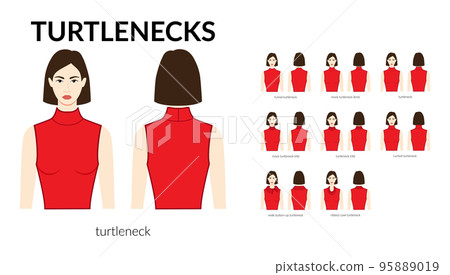 Set of necklines turtlenecks clothes sweaters, tops ribbed, knit, funnel neck technical fashion illustration with fitted 95889019