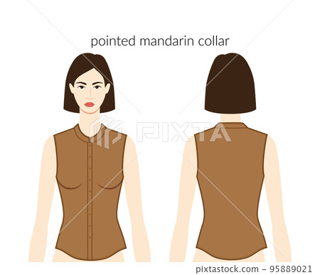 Pointed mandarin neckline collars, plackets clothes character beautiful lady in terracota top, shirt, dress technical 95889021