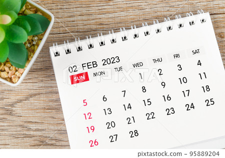 The February 2023 desk calendar for 2023 with plant pot on wooden background. 95889204