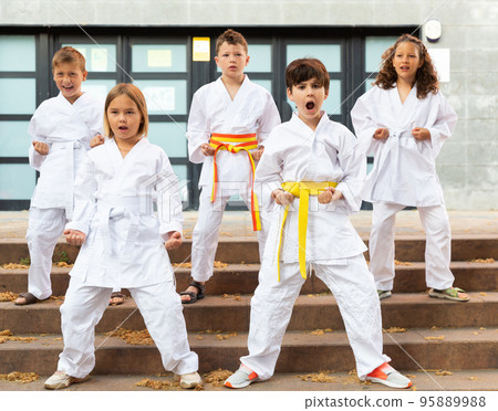 Group of schoolchildren practicing karate at schoolyard Group of schoolchildren practicing karate at schoolyard 95889988