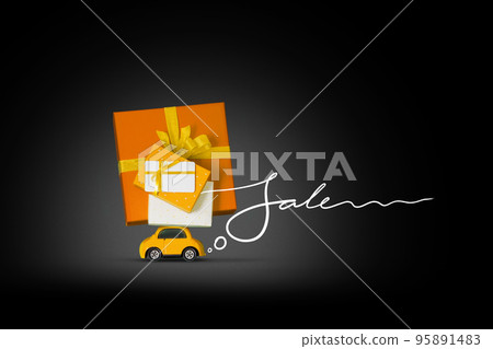 Background for Black Friday sale, yellow small car carries on the roof many purchases and gifts lettering Sale 95891483