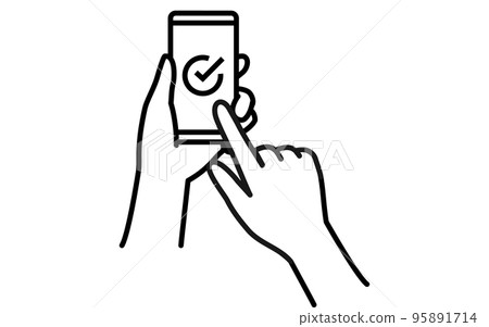 無現金、在線支付、手持帶複選標記的智能手機 95891714