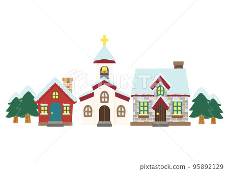 Illustration of a house or church with snow on the roof / no line drawing 95892129