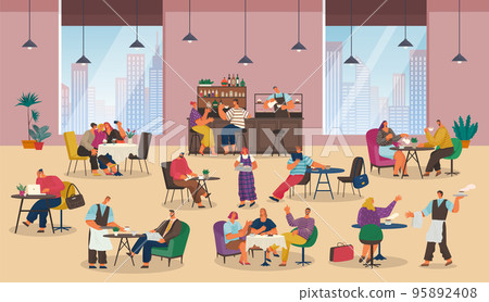 Cafe in business center, people relaxing, having lunch, dinner, office workers have coffee break 95892408