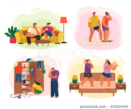Life of young couple, eating popcorn, weigh at scales, nothing to wear, fighting with pillows Life of young couple, eating popcorn, weigh at scales, nothing to wear, fighting with pillows 95892440