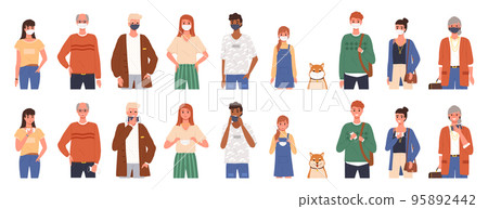 People in white medical face mask. Coronavirus quarantine. People wearing and remove face masks People in white medical face mask. Coronavirus quarantine. People wearing and remove face masks 95892442