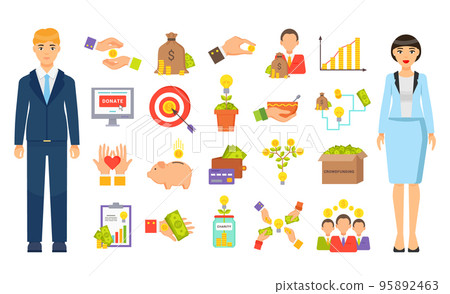 Set of business icons, making money, crowdfunding web platform, donations from investors for ideas 95892463