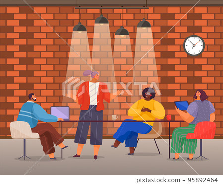 Brainstorming, teamwork, office workers, business meeting, conference, discussing project or plan 95892464