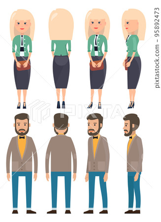 Set of stylish businesswoman and businessman, view from front, back sides, office dresscode 95892473