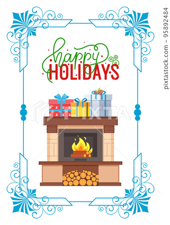 Happy Holidays, Fireplace Made of Stone, Gift Box Happy Holidays, Fireplace Made of Stone, Gift Box 95892484