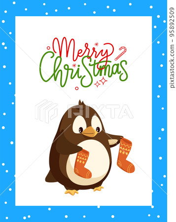 Penguin Cartoon Character with Socks in Wings, Xmas 95892509