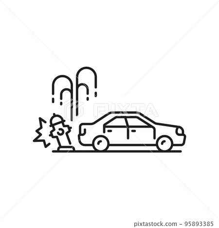 Car accident, damage or collision thin line icon. Car insurance outline symbol, vehicle damage in road accident sign. Automobile traffic violation thin line vector icon with car hitting water hydrant 95893385