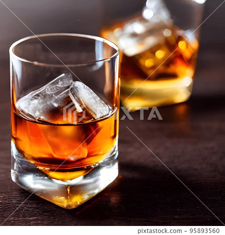 whiskey on clear glass and bottle also diced ice alcohol drawing. picture & image beverage illustration for background 95893560