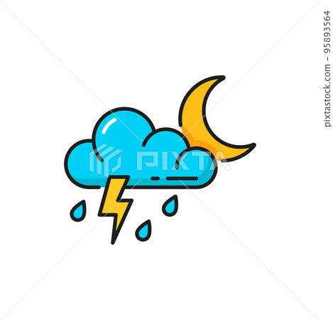 Weather forecast, thunderstorm rain and cloud moon, vector color outline icon. Night weather forecast of rainy cloudy overcast and thunder storm for climate temperature 95893564