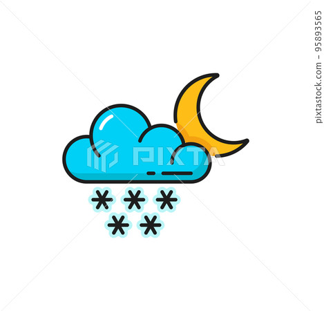 Weather forecast, snowfall icon, cloud and moon vector color outline symbol. Night weather forecast of cold temperature and winter snow fall 95893565