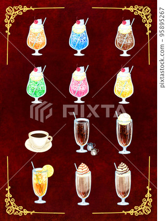 Coffee shop drink menu set of 12_retro background_dark red_vertical 95895267