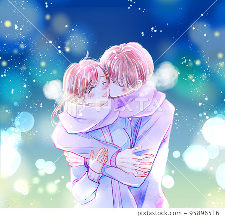 一對情侶在冬天擁抱，雪，光，浪漫 95896516