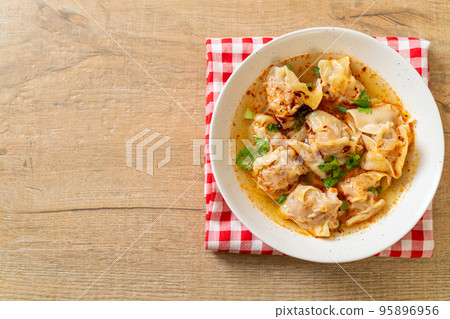 pork wonton soup or pork dumplings soup with roasted chili 95896956
