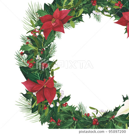 Round frame holly Christmas, Poinsettia, Mistletoe isolated on white. Watercolor hand drawn Illustration for design 95897200