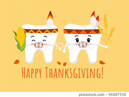 Thanksgiving tooth in braces in indian feather headband with corn and wheat ear in hand. 95897339