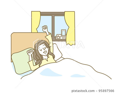 一名年輕女子在床上醒來的插圖 一名年輕女子在床上醒來的插圖 95897566