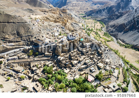 Aerial view of Lamayuru village and Lamayuru Monastery or Gompa is a tibetan style buddhist monastery in Ladakh, north India Aerial view of Lamayuru village and Lamayuru Monastery or Gompa is a tibetan style buddhist monastery in Ladakh, north India 95897668
