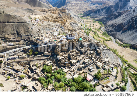 Aerial view of Lamayuru village and Lamayuru Monastery or Gompa is a tibetan style buddhist monastery in Ladakh, north India Aerial view of Lamayuru village and Lamayuru Monastery or Gompa is a tibetan style buddhist monastery in Ladakh, north India 95897669